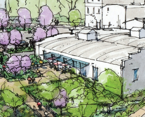 A concept sketch of the renovated Spring Street Building, seen from the Spring St.-Fulton St. intersection of downtown Athens.